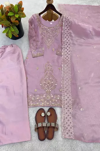 Lavender silk blend embroidered beads work plazzo suit