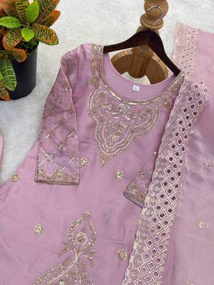Lavender silk blend embroidered beads work plazzo suit 5