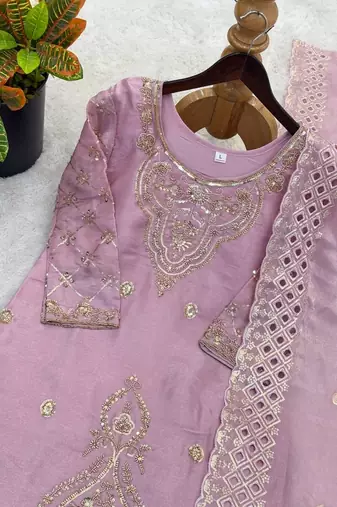 Lavender silk blend embroidered beads work plazzo suit
