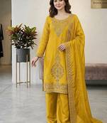 Yellow silk blend embroidered beads work plazzo suit