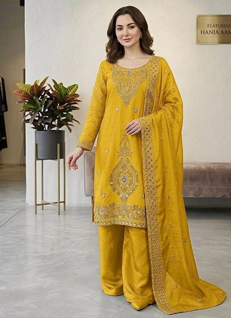 Yellow silk blend embroidered beads work plazzo suit