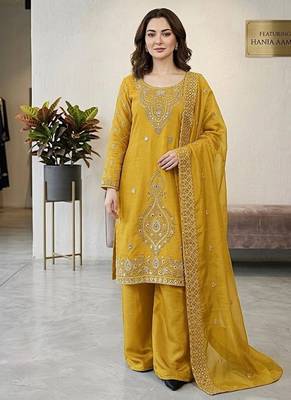 Yellow silk blend embroidered beads work plazzo suit 2