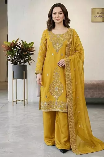 Yellow silk blend embroidered beads work plazzo suit