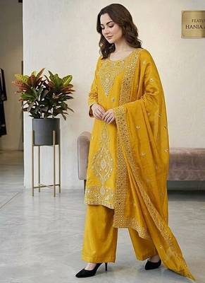 Yellow silk blend embroidered beads work plazzo suit 3
