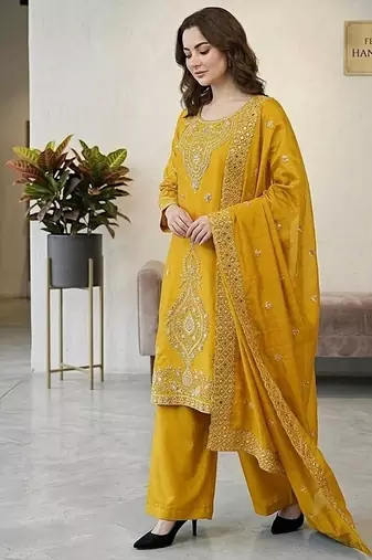 Yellow silk blend embroidered beads work plazzo suit