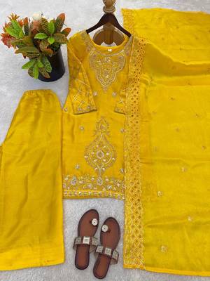 Yellow silk blend embroidered beads work plazzo suit 4