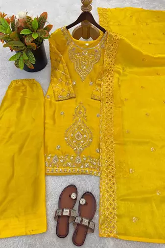 Yellow silk blend embroidered beads work plazzo suit