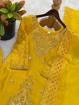 Yellow silk blend embroidered beads work plazzo suit 5