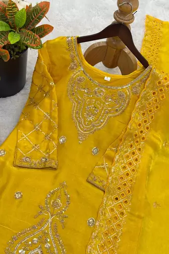 Yellow silk blend embroidered beads work plazzo suit