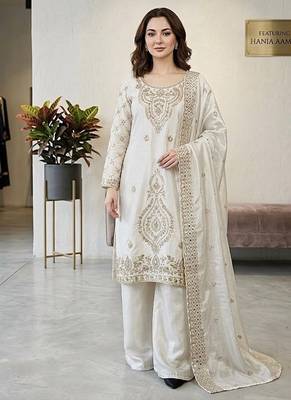 White silk blend embroidered beads work plazzo suit 2