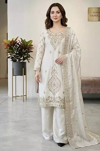 White silk blend embroidered beads work plazzo suit