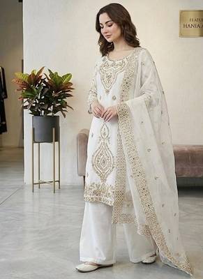 White silk blend embroidered beads work plazzo suit 3