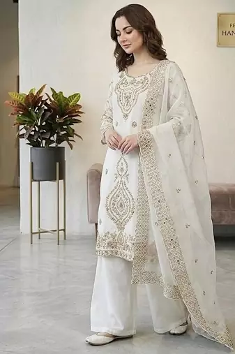 White silk blend embroidered beads work plazzo suit