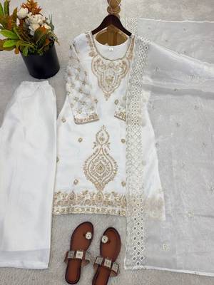 White silk blend embroidered beads work plazzo suit 4
