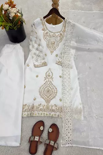 White silk blend embroidered beads work plazzo suit