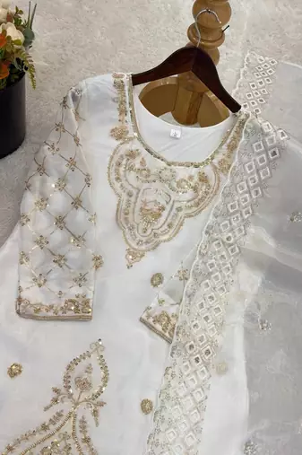 White silk blend embroidered beads work plazzo suit