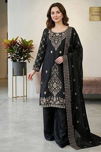 Black silk blend embroidered beads work plazzo suit