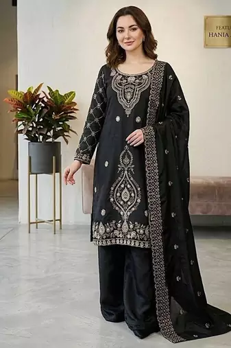 Black silk blend embroidered beads work plazzo suit