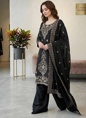Black silk blend embroidered beads work plazzo suit 2
