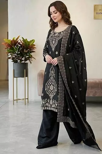 Black silk blend embroidered beads work plazzo suit