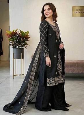 Black silk blend embroidered beads work plazzo suit 3