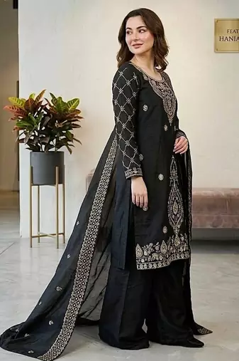 Black silk blend embroidered beads work plazzo suit