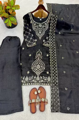 Black silk blend embroidered beads work plazzo suit