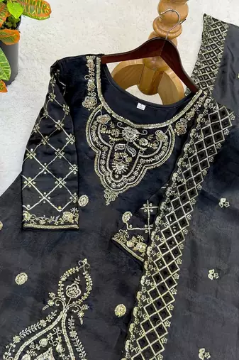 Black silk blend embroidered beads work plazzo suit