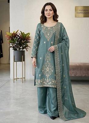 Seagreen silk blend embroidered beads work plazzo suit 2