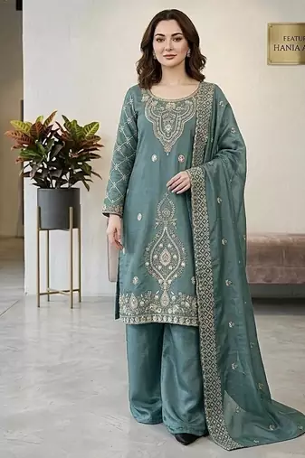 Seagreen silk blend embroidered beads work plazzo suit
