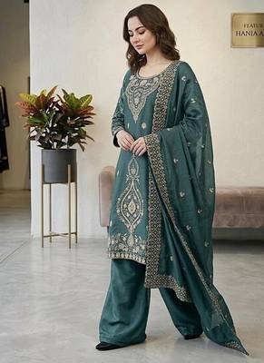 Seagreen silk blend embroidered beads work plazzo suit 3