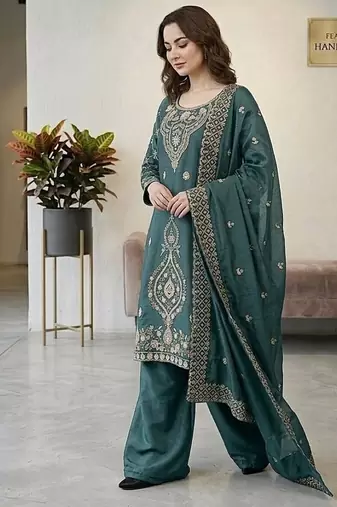 Seagreen silk blend embroidered beads work plazzo suit