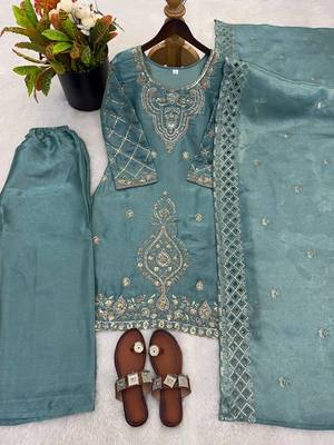Seagreen silk blend embroidered beads work plazzo suit 4