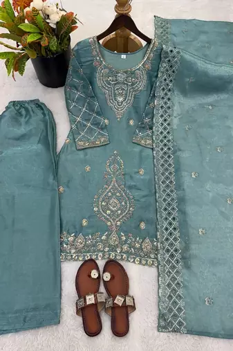 Seagreen silk blend embroidered beads work plazzo suit