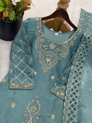Seagreen silk blend embroidered beads work plazzo suit 5