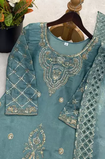 Seagreen silk blend embroidered beads work plazzo suit