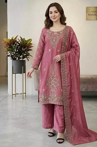 Pink silk blend embroidered beads work plazzo suit