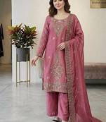 Pink silk blend embroidered beads work plazzo suit