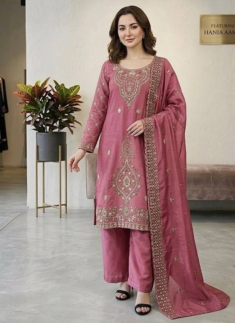 Pink silk blend embroidered beads work plazzo suit