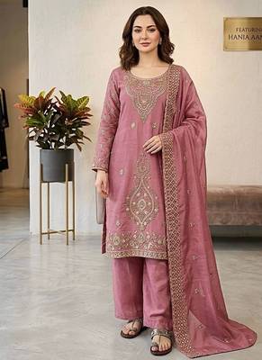 Pink silk blend embroidered beads work plazzo suit 2