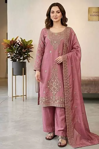 Pink silk blend embroidered beads work plazzo suit