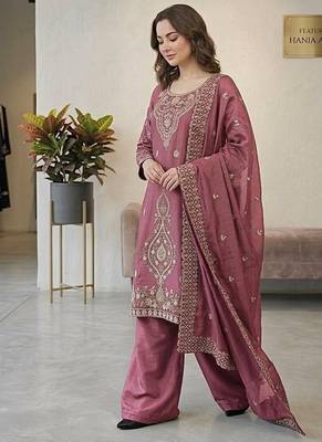 Pink silk blend embroidered beads work plazzo suit 3