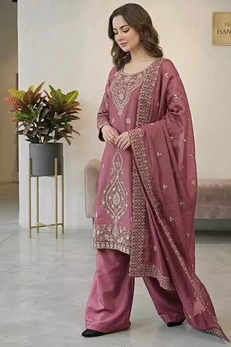 Pink silk blend embroidered beads work plazzo suit