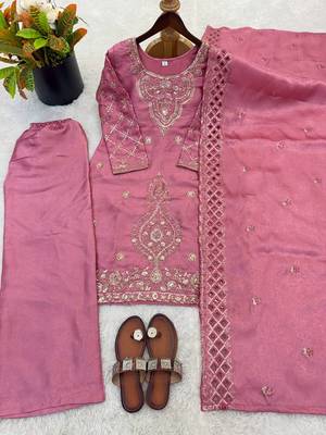 Pink silk blend embroidered beads work plazzo suit 4