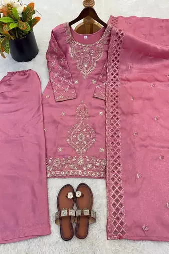 Pink silk blend embroidered beads work plazzo suit