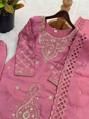Pink silk blend embroidered beads work plazzo suit 5