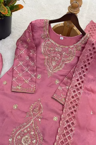 Pink silk blend embroidered beads work plazzo suit