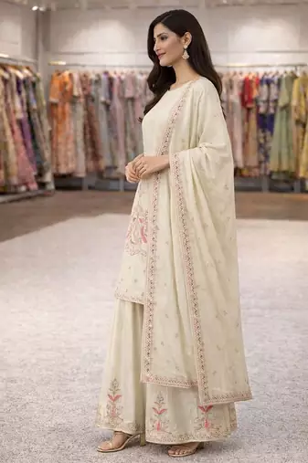 Heavy chinon silk embroidered thread work kurta plazzo set