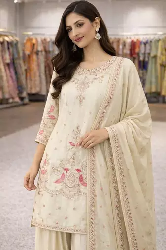 Heavy chinon silk embroidered thread work kurta plazzo set