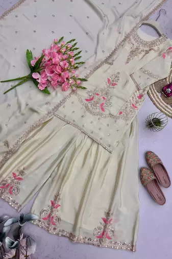 Heavy chinon silk embroidered thread work kurta plazzo set